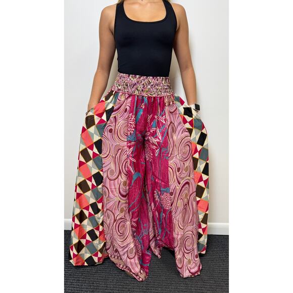 Mixed-print wide-leg trousers- One Size 100% Silk - Picture 1 of 6